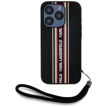 Karl Lagerfeld Saffiano Athleisure Stripes Cord iPhone 15 Pro Case with Lanyard - Red