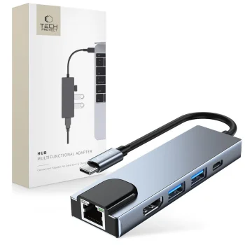 Tech-Protect V3 5in1 USB-C šakotuvas su HDMI ir RJ45, pilkas