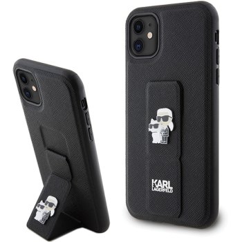 Karl Lagerfeld dėklas iPhone 11 telefonui Gripstand Saffiano Karl & Choupette, juodas