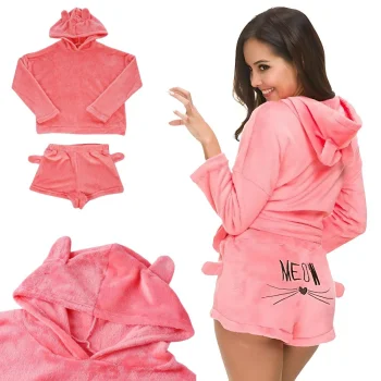 Women's Two-Piece Plush Pajamas with Hood, Short Pants, Size L, Pink