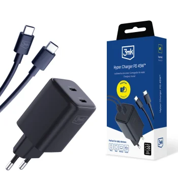 Įkroviklis 3MK Hyper Charger PD 45W su USB-C laidu, juodas