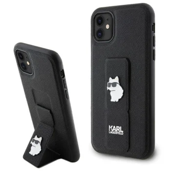 Karl Lagerfeld dėklas iPhone 11 / XR su rankena Gripstand Saffiano Choupette, juodas