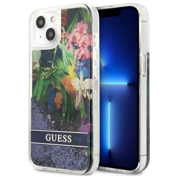 Guess Flower Liquid Glitter dėklas iPhone 13 mini, mėlynas