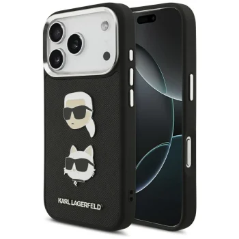 Karl Lagerfeld FW Grained Karl & Choupette Heads Pins & Logo iPhone 17 Pro Case - Black