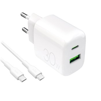 Puro PROLITE 30W sieninis įkroviklis ir USB-C laidas 1,2 m, baltas