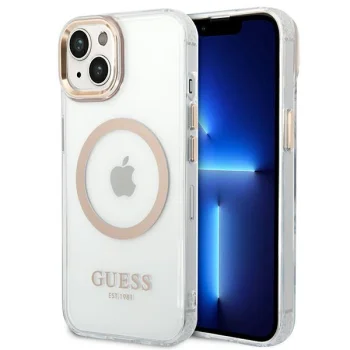 Guess Metal Outline MagSafe dėklas, skirtas iPhone 14 Plus, skaidrus / auksinis