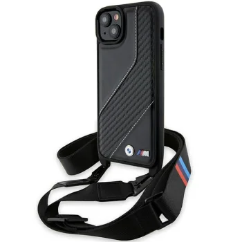BMW dėklas iPhone 15 / 14 / 13 M Edition Carbon Stripe & Strap, juodas