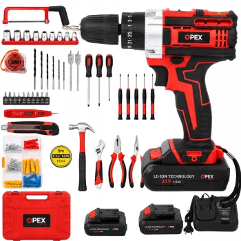 OPEX TOOLS OPX28034 21V akumuliatorinis smūginis gręžtuvas su įrankių rinkiniu