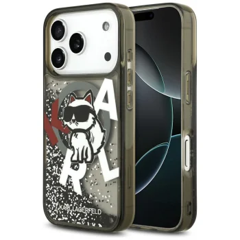 Karl Lagerfeld dėklas iPhone 17 Pro telefonui Liquid Glitter Choupette MagSafe, juodas