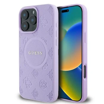 Guess Saffiano Peony Classic Logo MagSafe dėklas iPhone 16 Pro, violetinis