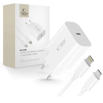 Tech-Protect NC20W Wall Charger 20W with USB-C / Lightning Cable 100 cm - White