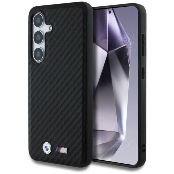BMW Leather Carbon MagSafe dėklas Samsung Galaxy S25, juodas