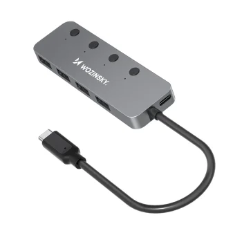 Wozinsky WHS080YSS 4 prievadų USB-A 3.0 šakotuvas su jungikliais ir USB-C laidu, pilkas