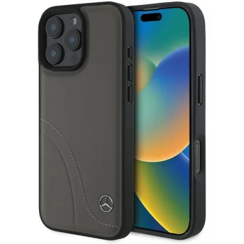 Mercedes dėklas iPhone 16 Pro Max telefonui Curved Stitches, rudas
