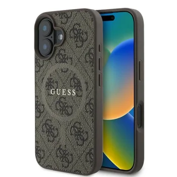 Guess 4G Ring Classic Logo MagSafe dėklas, skirtas iPhone 16 Plus, rudas