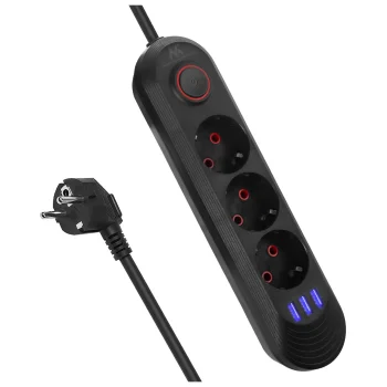 Maclean MCE394 B ilgintuvas, 3 lizdai ir 3x USB, 1.5 m, 2500W, juodas