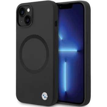BMW Signature Liquid Silicone dėklas, skirtas iPhone 14, su MagSafe, juodas