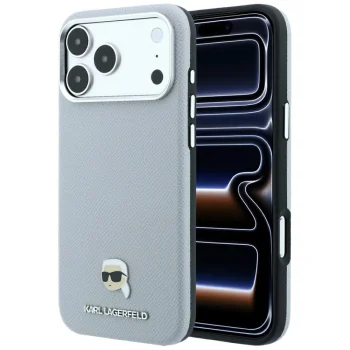 Karl Lagerfeld Grained Karl Head Metal MagSafe dėklas telefonui iPhone 18 Pro Max / 17 Pro Max, pilkas