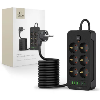 Tech-Protect PC6X6 prailgintuvas su 6 lizdais, 3x USB-A ir 3x USB-C, 2m, juodas