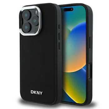 DKNY Plain Silver Logo MagSafe dėklas iPhone 16 Pro telefonui, juodas
