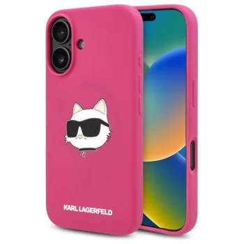 Karl Lagerfeld iPhone 16 dėklas Silicone Choupette Head MagSafe, fuksijų spalvos