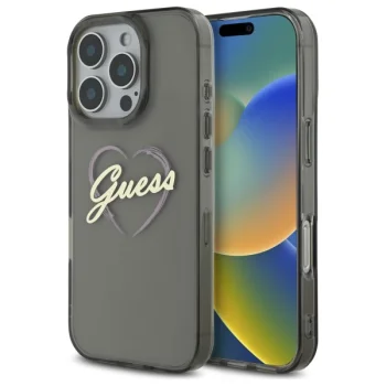 Guess dėklas iPhone 16 Pro telefonui IML Heart Case, juodas
