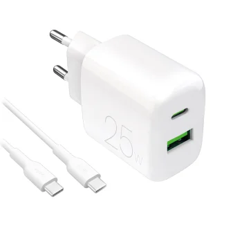 Puro PROLITE 25W USB-A / USB-C sieninis įkroviklis + USB-C laidas 1.2m, baltas