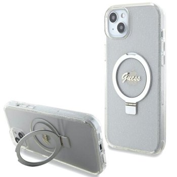 Guess Ring Stand Script Glitter MagSafe dėklas iPhone 15 / 14 Plus, skaidrus