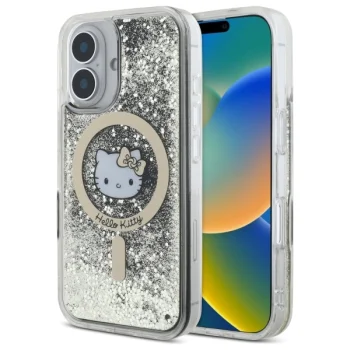 Hello Kitty dėklas iPhone 16 telefonui Liquid Glitter Fever MagSafe, auksinis