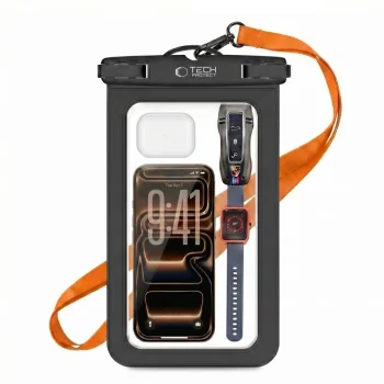 Vandeniui atsparus dėklas Tech-Protect UWC9 iki 8.9", juodas / oranžinis