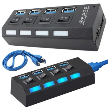 USB šakotuvas 4x USB 3.0 su jungikliais, juodas