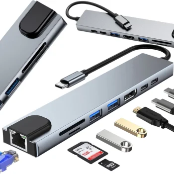 USB-C šakotuvas 8-in-1 (HDMI 4K, RJ45, SD/TF, USB 3.0, 100W PD)