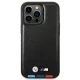 BMW dėklas iPhone 14 Pro telefonui Leather Stamp Tricolor MagSafe, juodas
