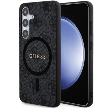 Guess dėklas Samsung Galaxy S24 telefonui 4G Leather Metal Logo MagSafe, juodas