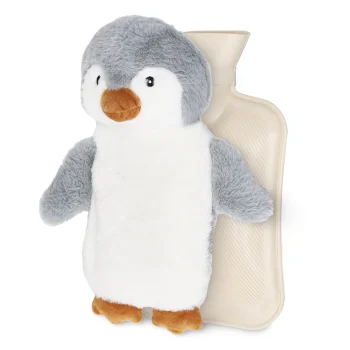 4Fizjo 1690 Kids Hot Water Bottle with Plush Penguin Cover, 750 ml, Grey