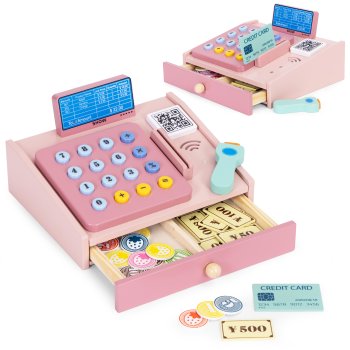 Multistore Wooden Kids Cash Register with Scanner and Money