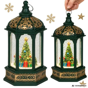 Christmas LED Lantern with Christmas Tree and Glitter, Green