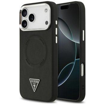 Guess dėklas iPhone 17 Pro telefonui PU Leather Triangle Logo MagSafe, juodas