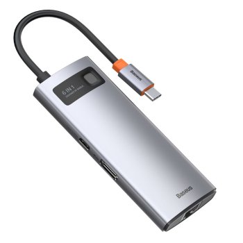 Baseus Metal Gleam 6-in-1 USB-C šakotuvas, HDMI 4K, 3x USB 3.2, RJ45, PD 100W, pilkas