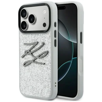 Karl Lagerfeld IML Glitter KL Diamond dėklas iPhone 17 Pro, sidabrinis