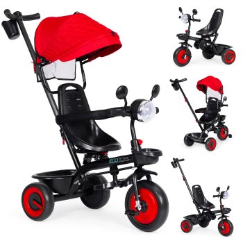 ECOTOYS triratukas „trys viename“ su apsukama kėde ir stogeliu, raudonas