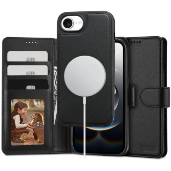 Tech-Protect Wallet MagSafe atverčiamas dėklas iPhone 16e / 17e, matinė juoda