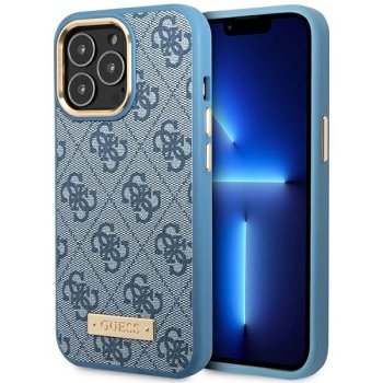 Guess dėklas iPhone 14 Pro su 4G Logo Plate MagSafe, mėlynas