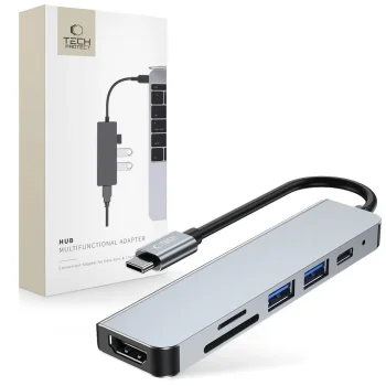 Tech-Protect V4 6-in-1 USB-C šotuvas (HDMI, USB-A, SD/TF), pilkas