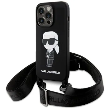 Karl Lagerfeld dėklas iPhone 15 Pro Max Crossbody Silicone Ikonik, juodas