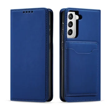 Atverčiamas dėklas Samsung Galaxy S22+ (S22 Plus) su kortelių skyriais ir stovu, mėlynas
