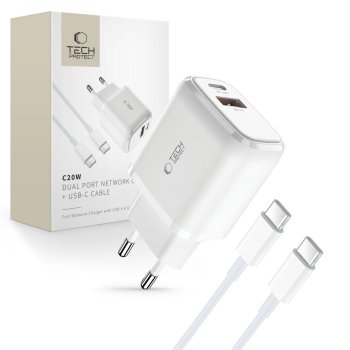 Įkroviklis Tech-Protect C20W USB-C PD 20W / USB-A QC 3.0 su USB-C laidu, baltas