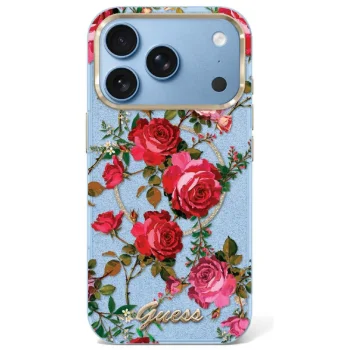 Guess IML Glitter Blossom Roses dėklas iPhone 17 Pro / 18 Pro, šviesiai mėlynas