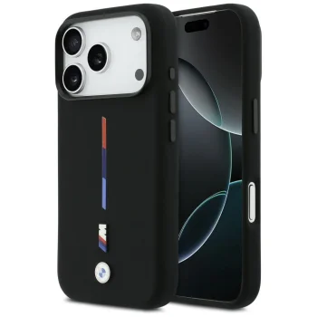 BMW M Silicon Tricolor Line MagSafe dėklas iPhone 17 Pro, juodas
