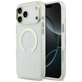 Guess Metal Outline MagSafe dėklas iPhone 17 Pro Max / 18 Pro Max, auksinis